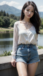长相清纯漂亮的女生穿牛仔短裤配亚麻衬衫尽显时尚魅力高清手机壁纸
