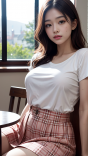 校园女神时尚穿搭推荐：T恤+格子短裙高清生活照系列2唯美写真壁纸