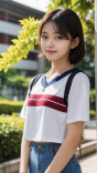 大学校园阳光美女T恤+牛仔短裤穿搭精致又养眼高清手机壁纸图片