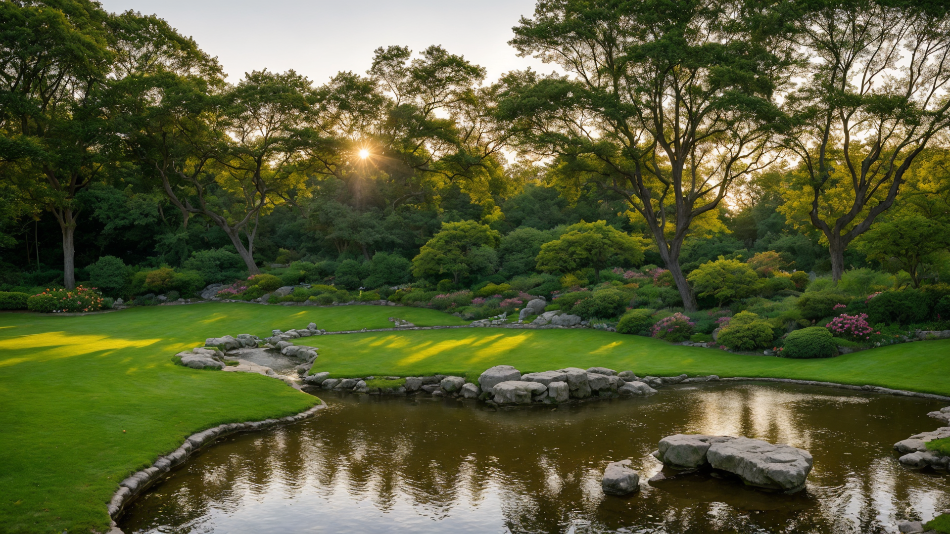 清晨绿水青山小河日出美景图片
