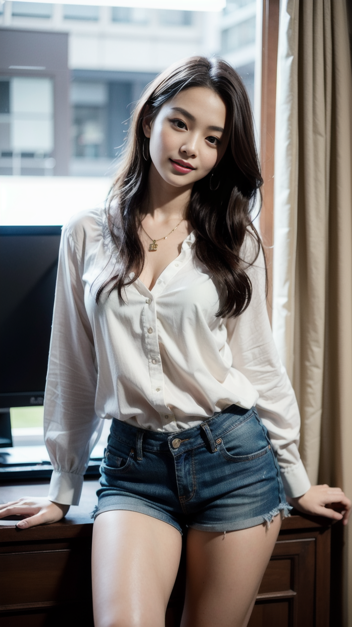 清纯气质美女挑动亚麻衬衫配牛仔短裤的新潮流风暴高清写真图片