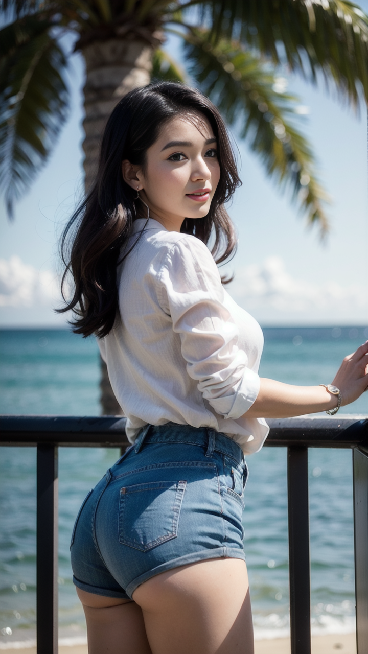 清纯气质美女挑动亚麻衬衫配牛仔短裤的新潮流风暴高清写真图片