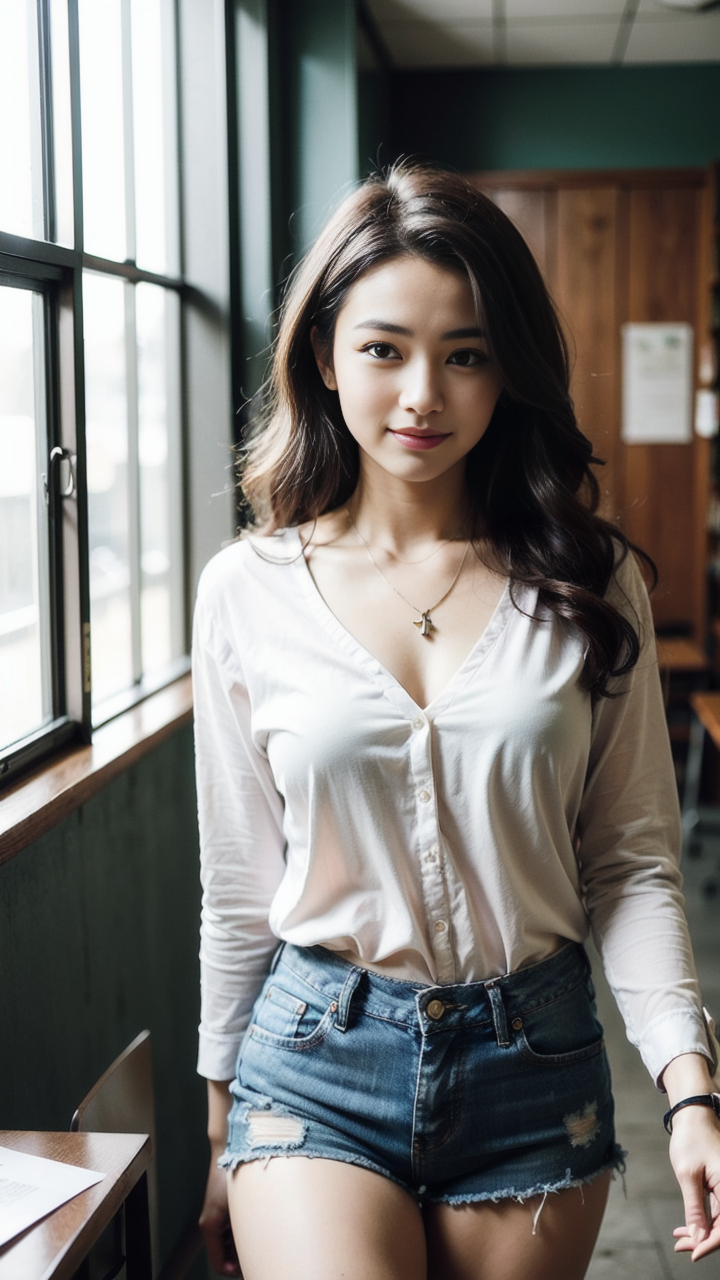 长相清纯漂亮的女生穿牛仔短裤配亚麻衬衫尽显时尚魅力高清手机壁纸