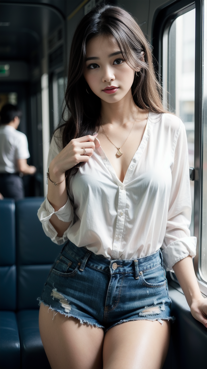 长相清纯漂亮的女生穿牛仔短裤配亚麻衬衫尽显时尚魅力高清手机壁纸