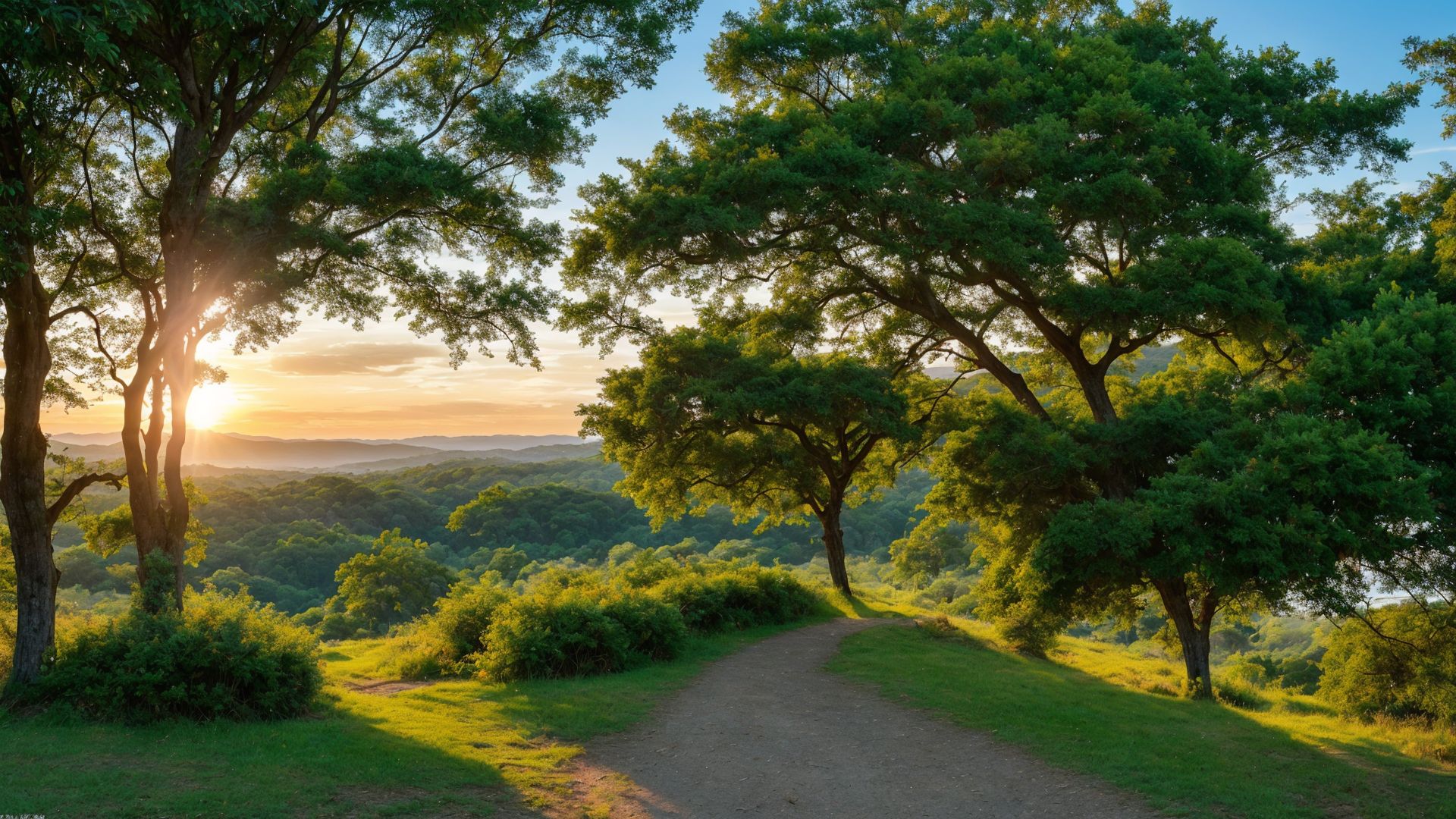 小路旁惬意的树林风景壁纸图片