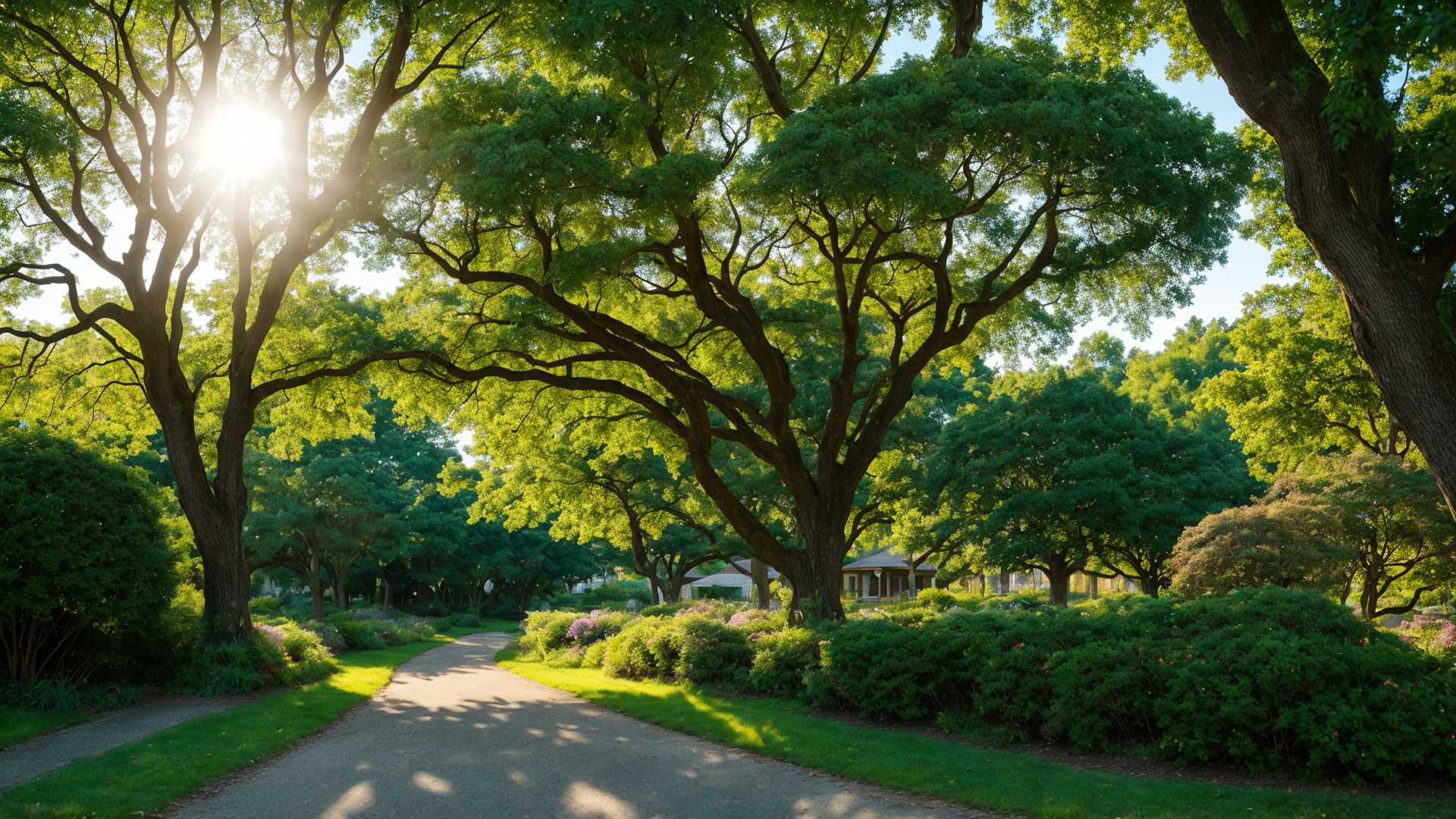 小路旁惬意的树林风景壁纸图片