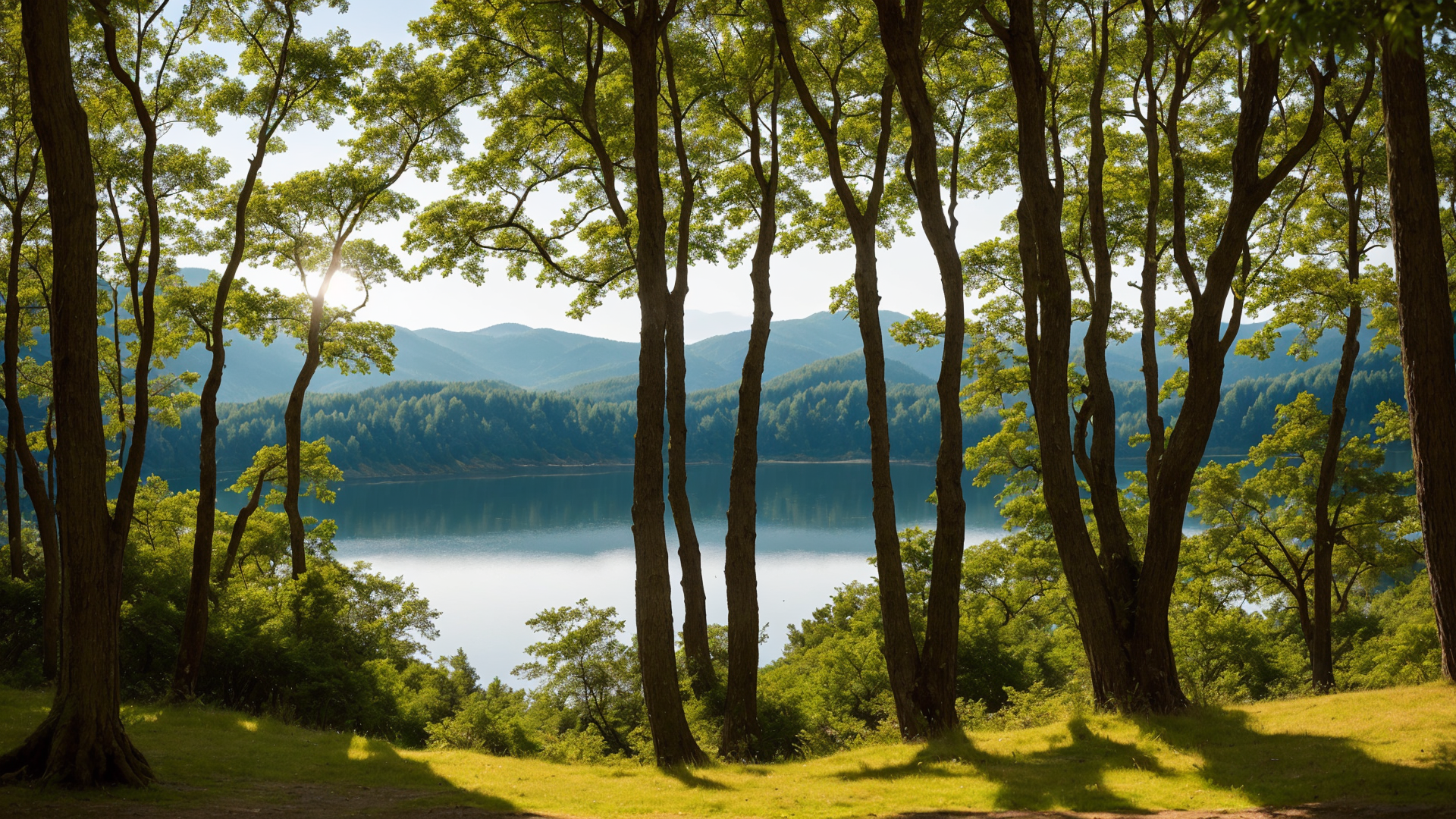 烈日阳光下的绿色树林风景高清图片