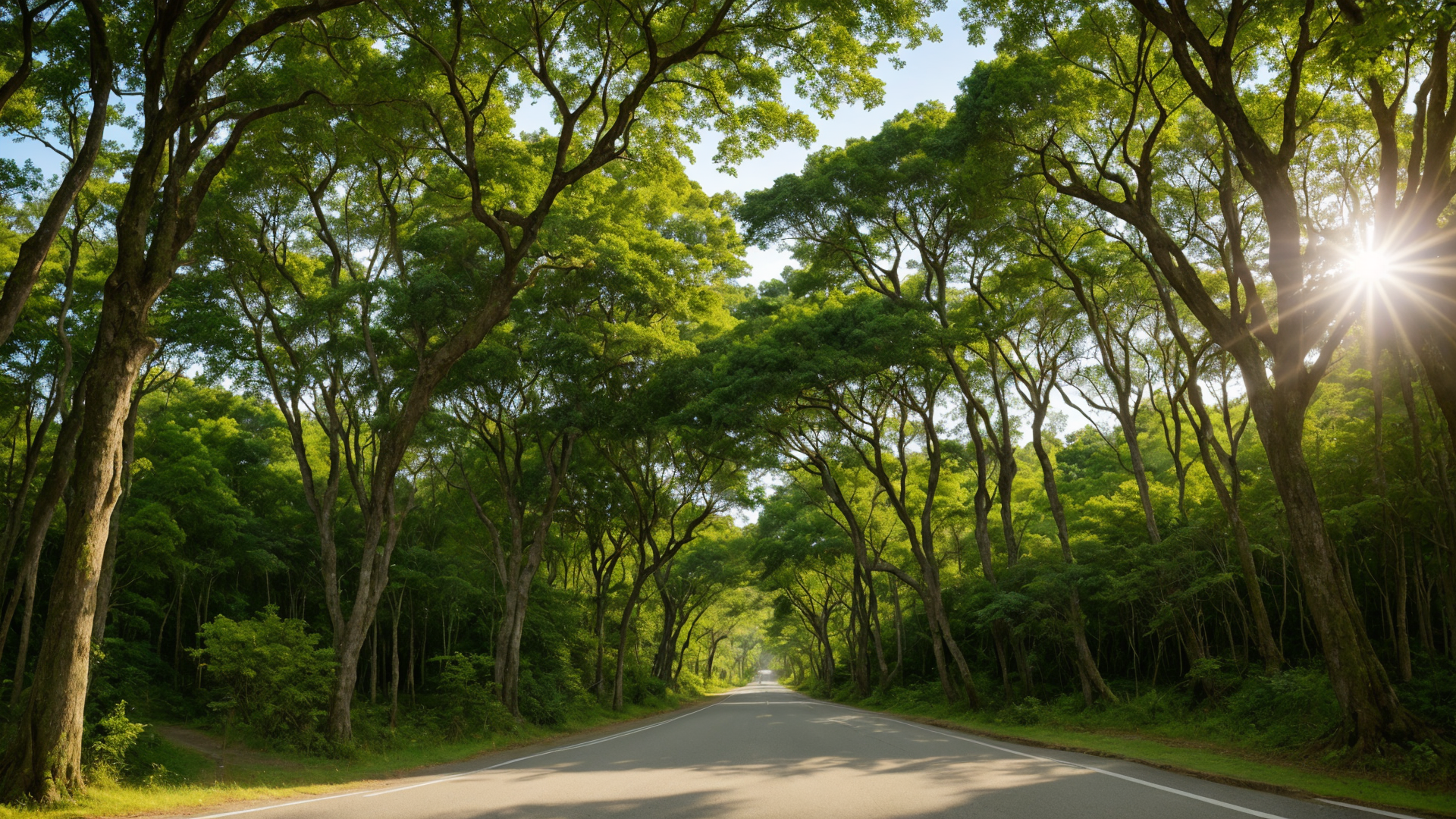 绿色阳光孕育的山间树林风景图