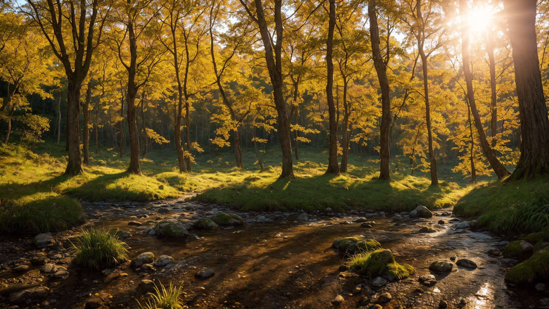 绿色阳光孕育的山间树林风景图