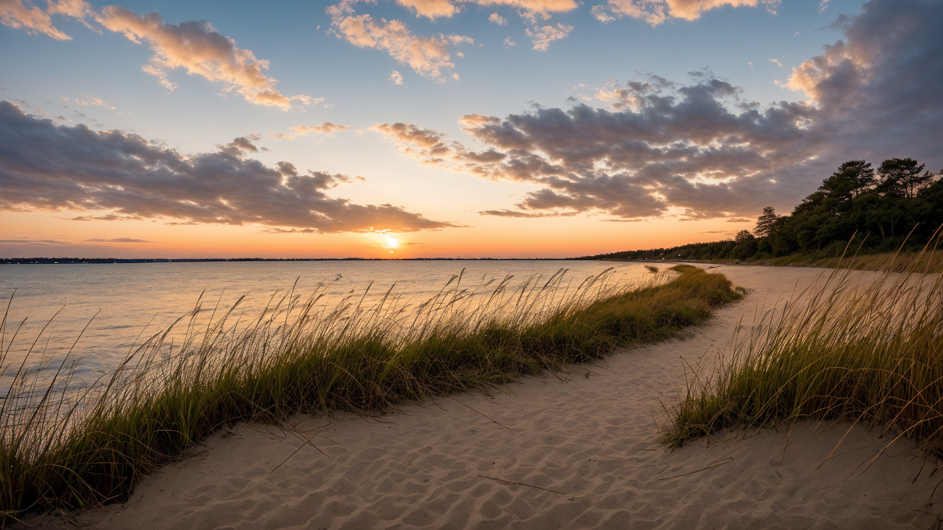 日暮黄昏下的湖边背景图片