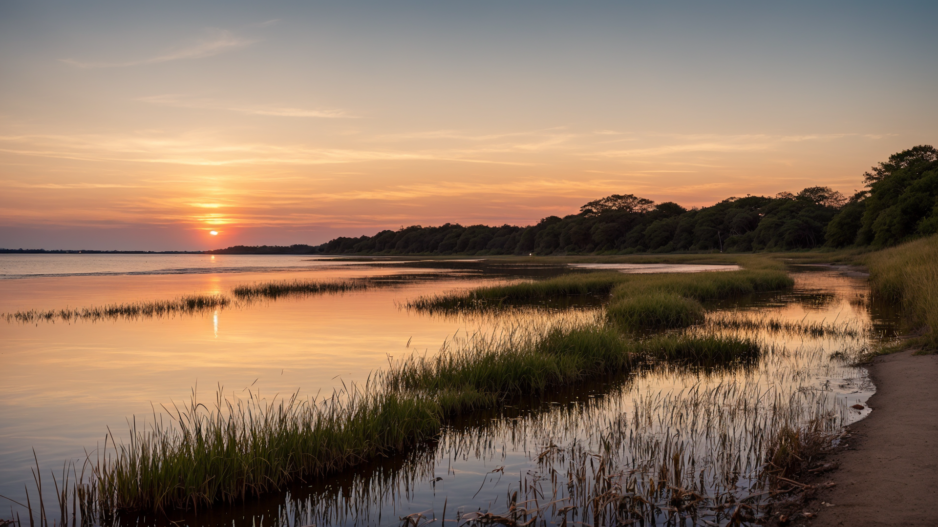日暮黄昏下的湖边背景图片