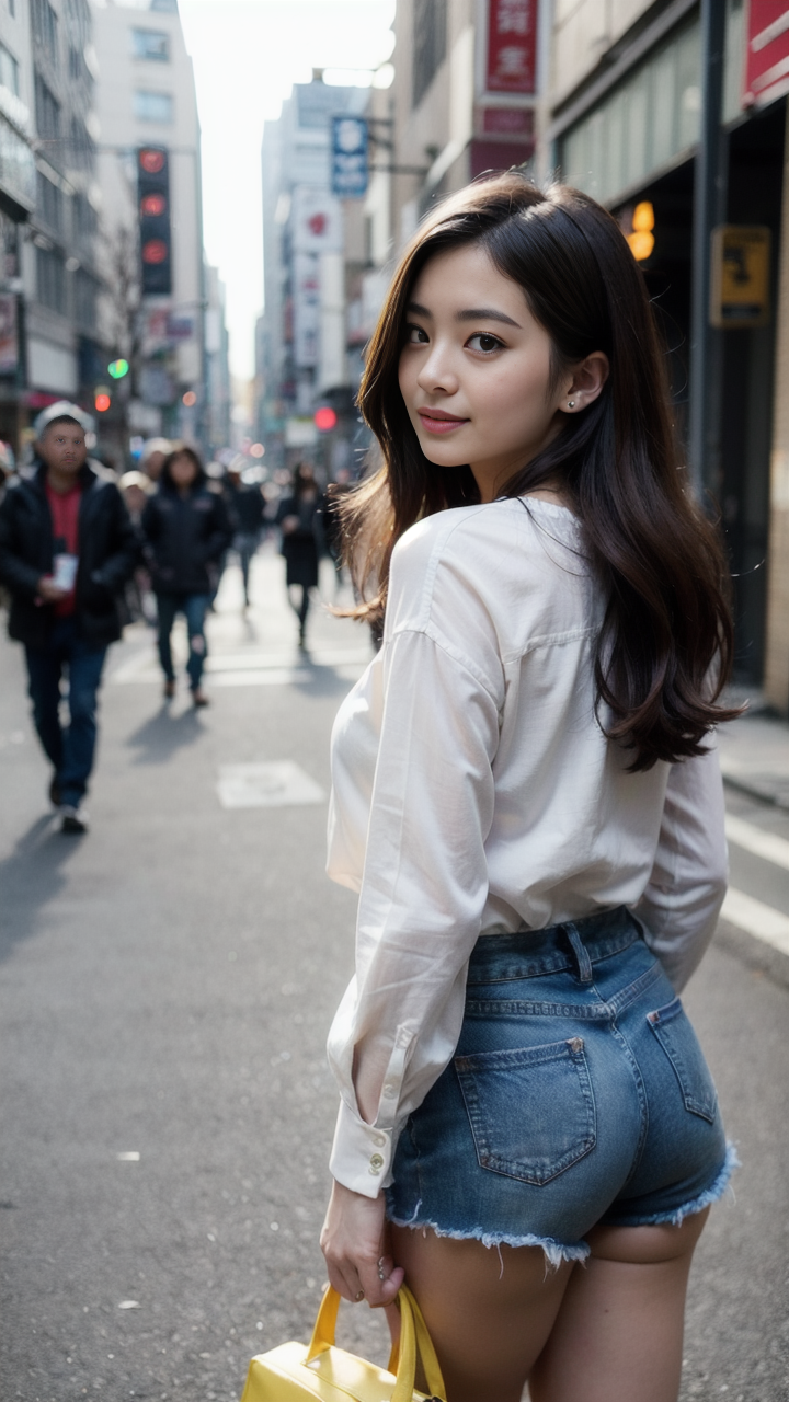 穿上衬衫和牛仔短裤的清纯女孩惊艳甜美想不爱都难超清手机壁纸