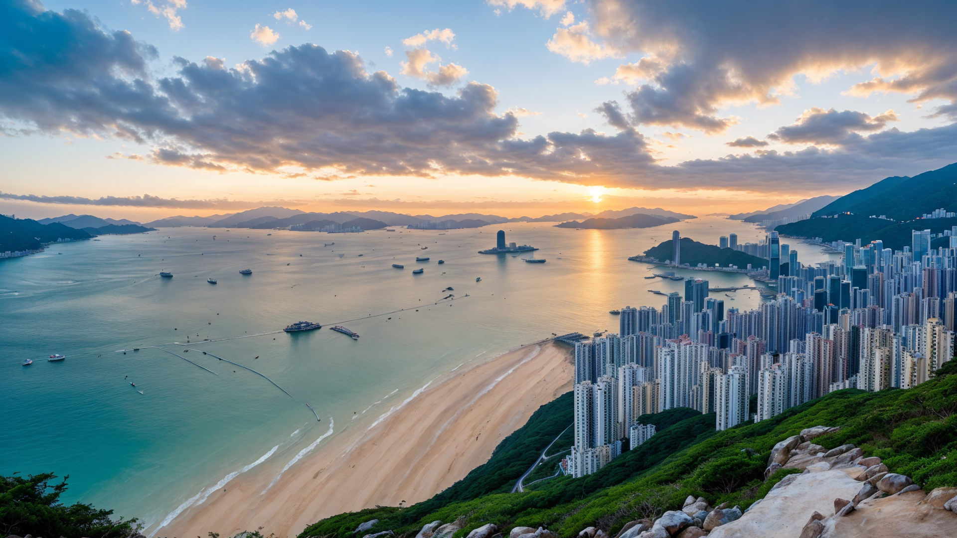 日落下的香港海边浅水滩周边风景欣赏