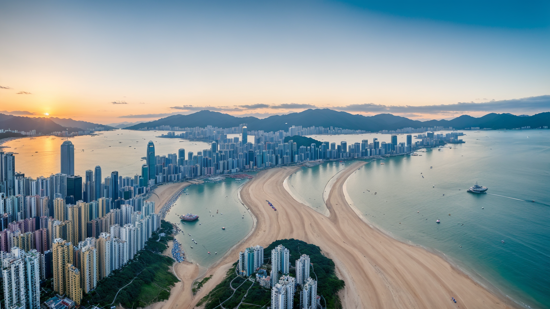 感受平面如镜的香港浅水滩的海边风景图片