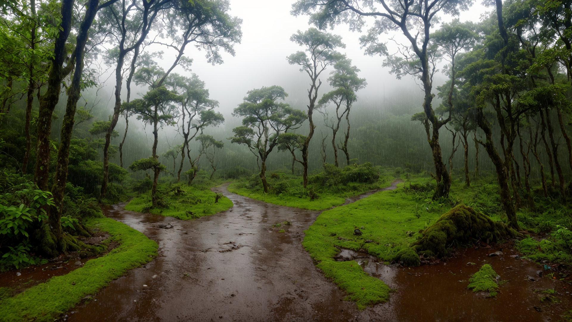 下雨天山间树林风景图片