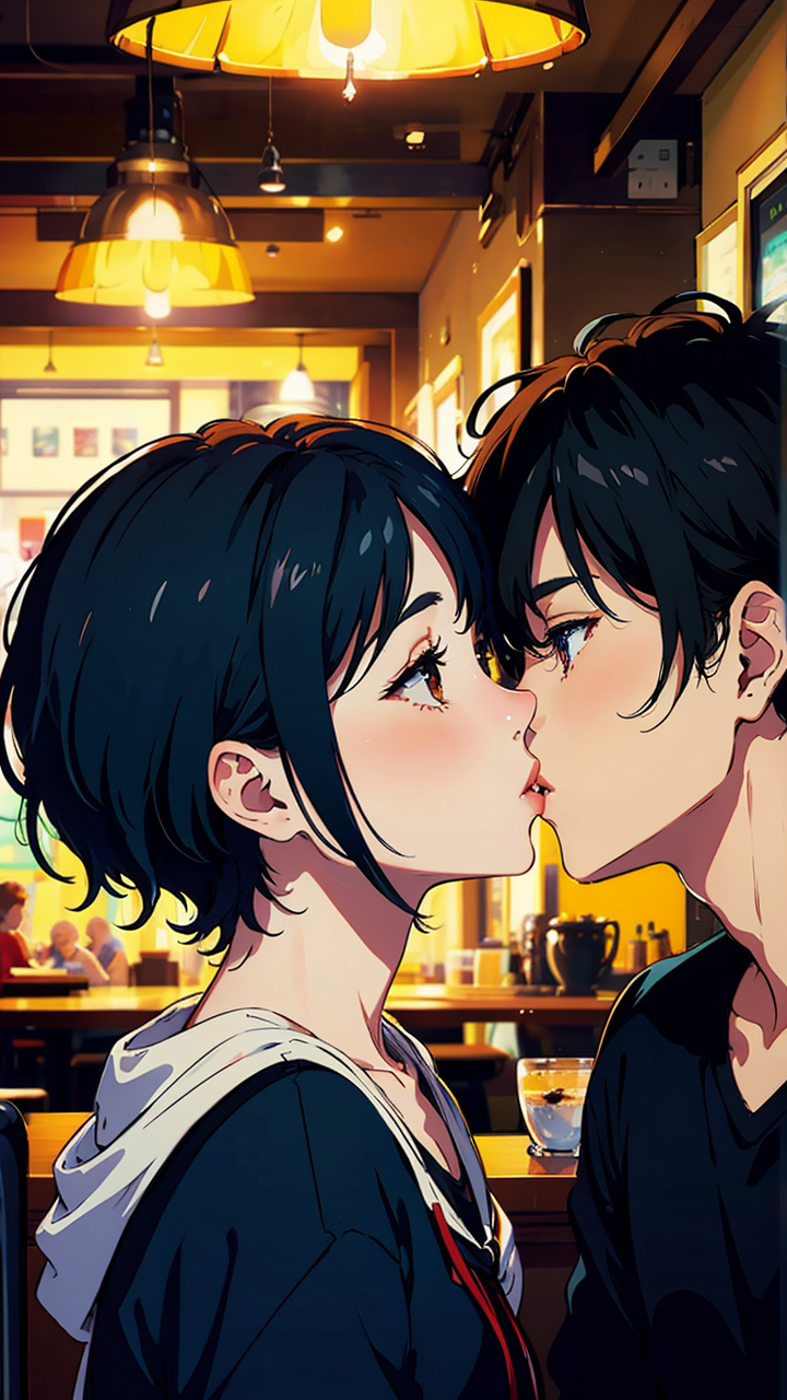 面对面互相抱着吻着对方的动漫情侣高清手机壁纸