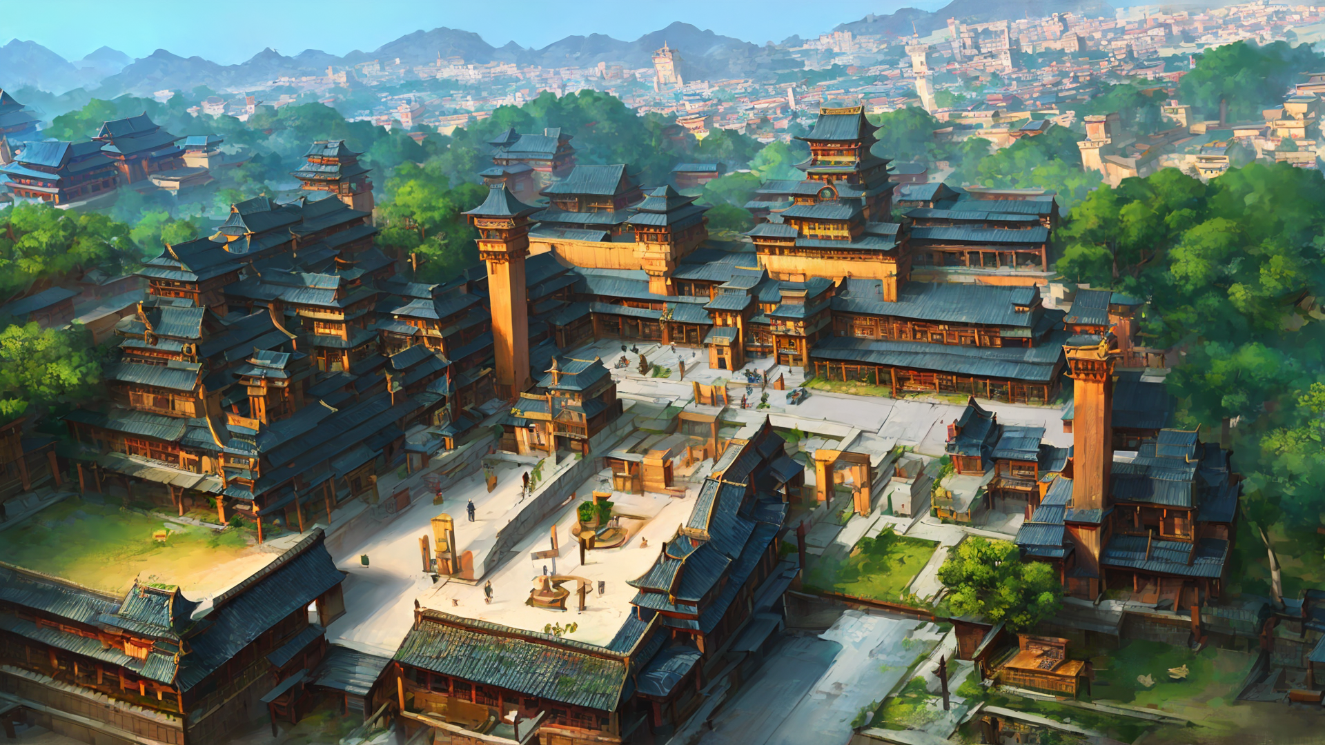 古风山水楼阁简约动漫风景图片