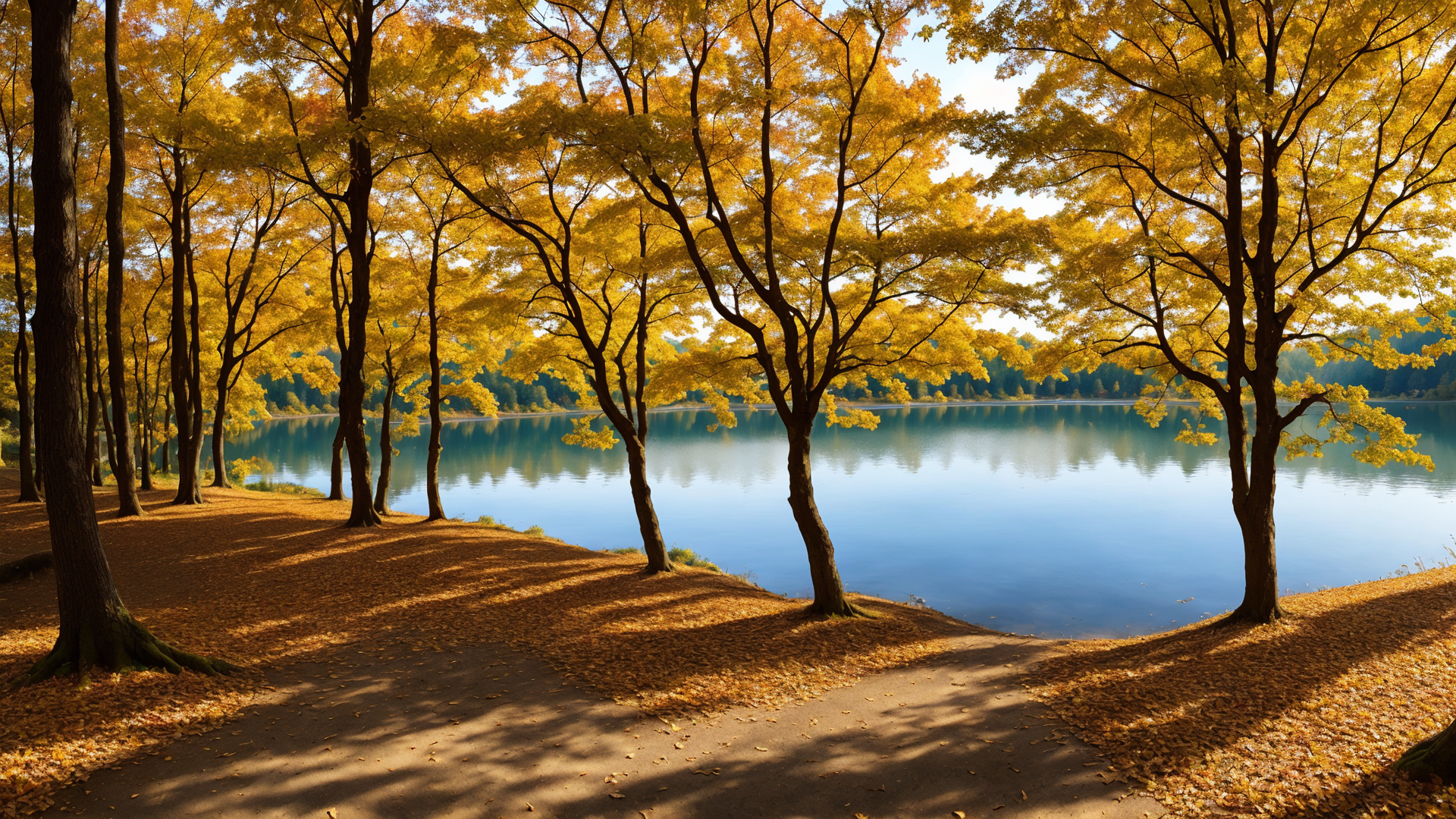 湖边树林铺满了秋天阳光的迷人气息风景图片