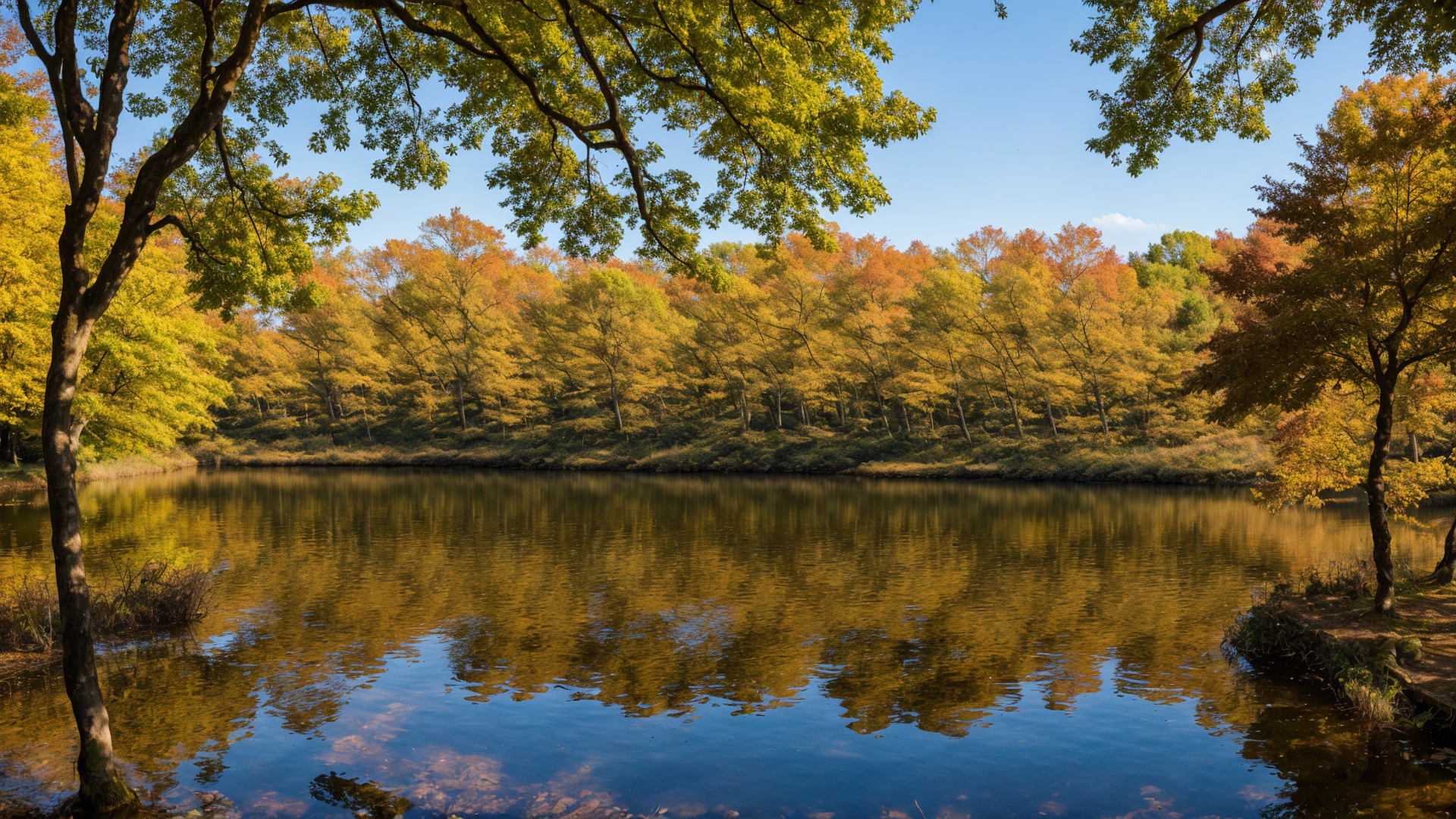 湖边树林铺满了秋天阳光的迷人气息风景图片