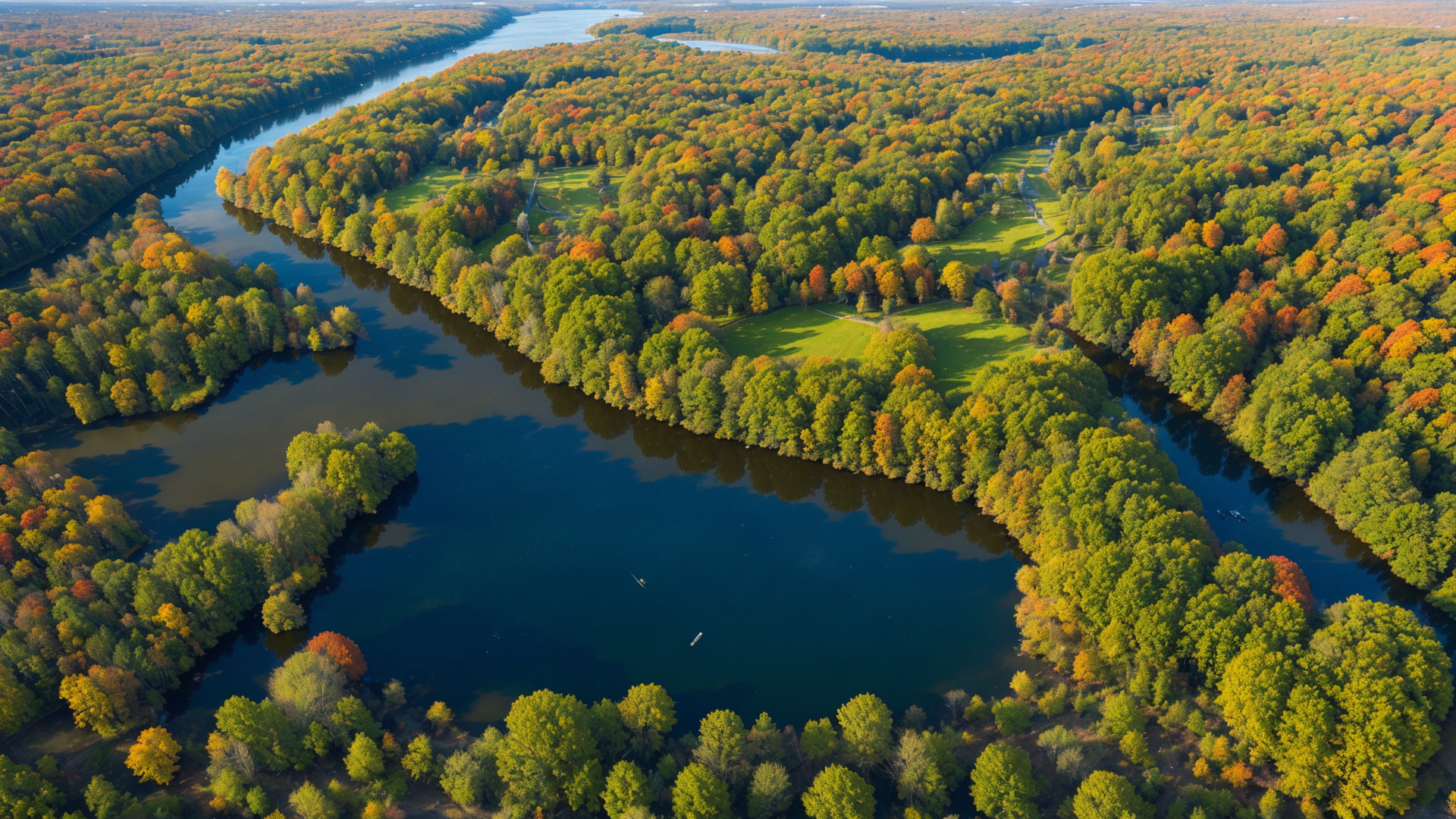 湖边树林铺满了秋天阳光的迷人气息风景图片