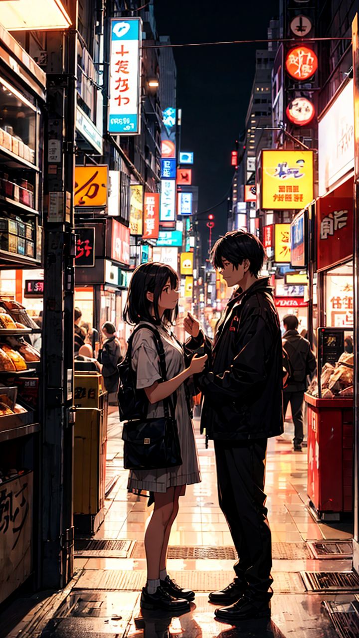 唯美动漫情侣街头相拥高清手机图片