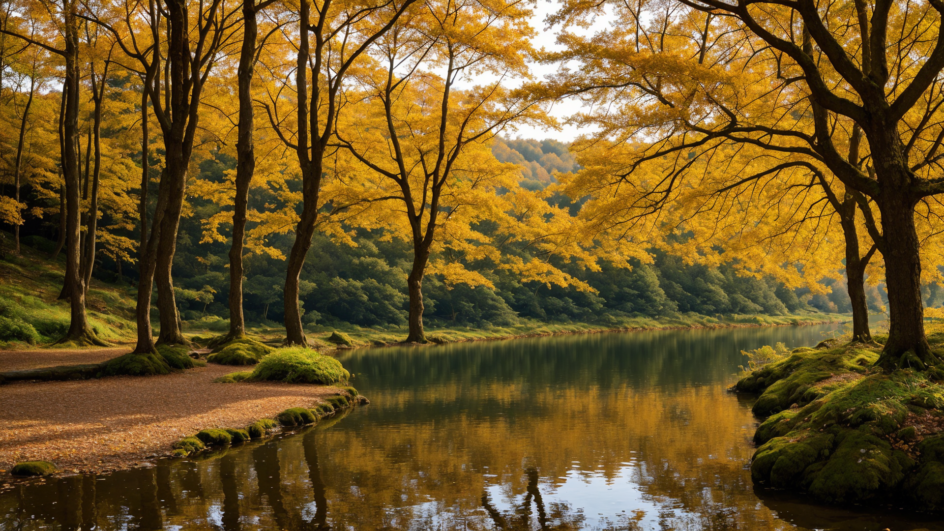秋天阳光下焕发出湖边树林绝美的魔力风景图片