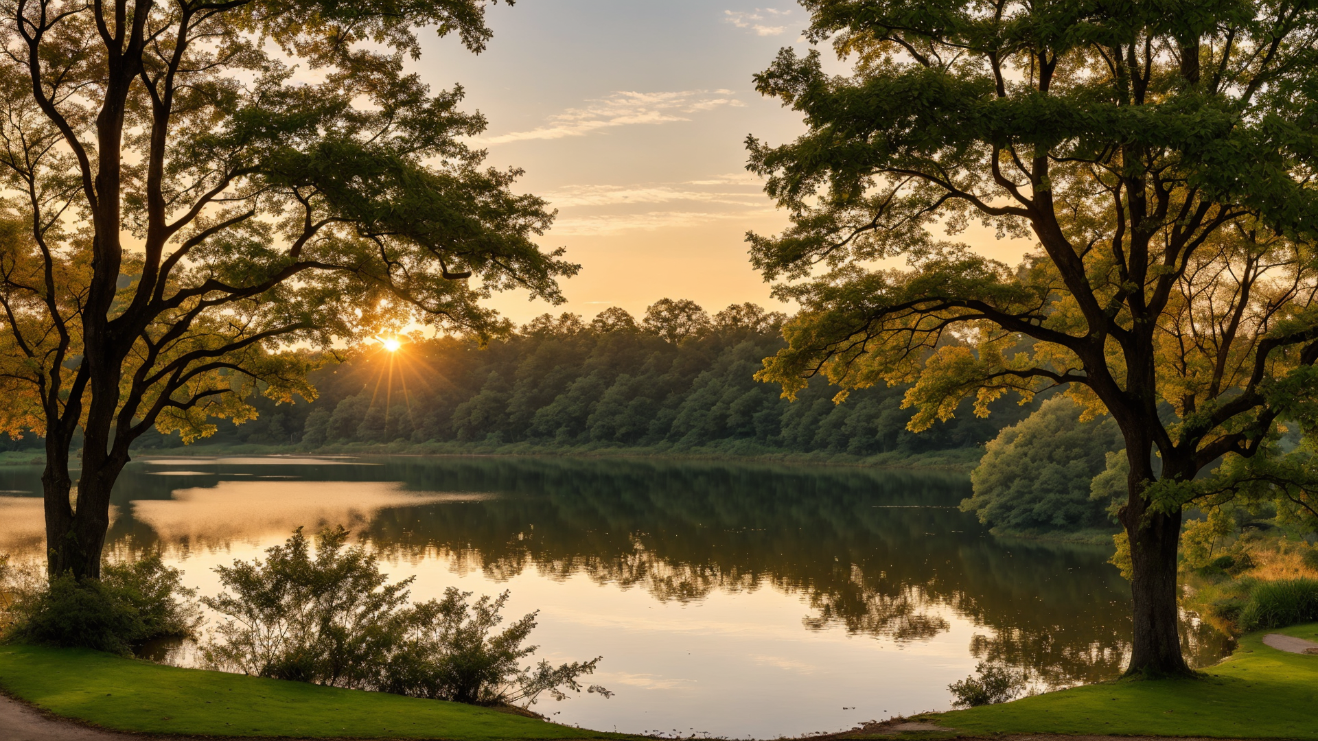 秋天阳光下焕发出湖边树林绝美的魔力风景图片