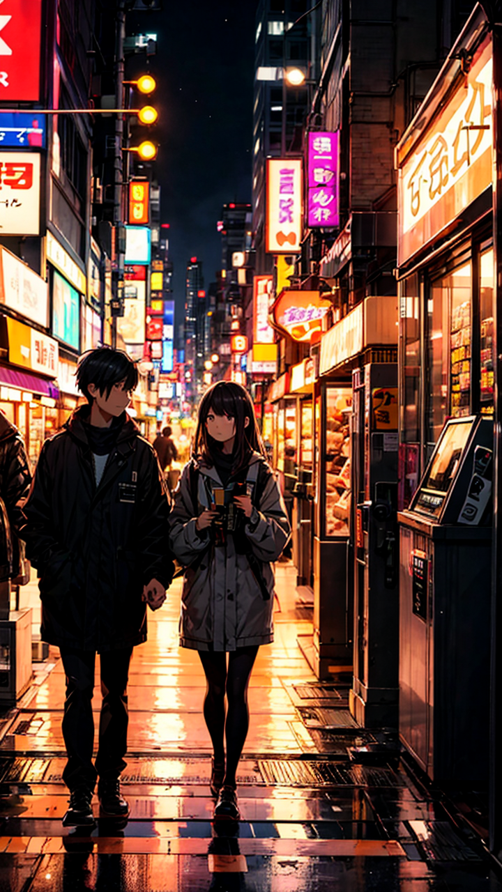 甜蜜动漫情侣街上浪漫约会手机背景图片