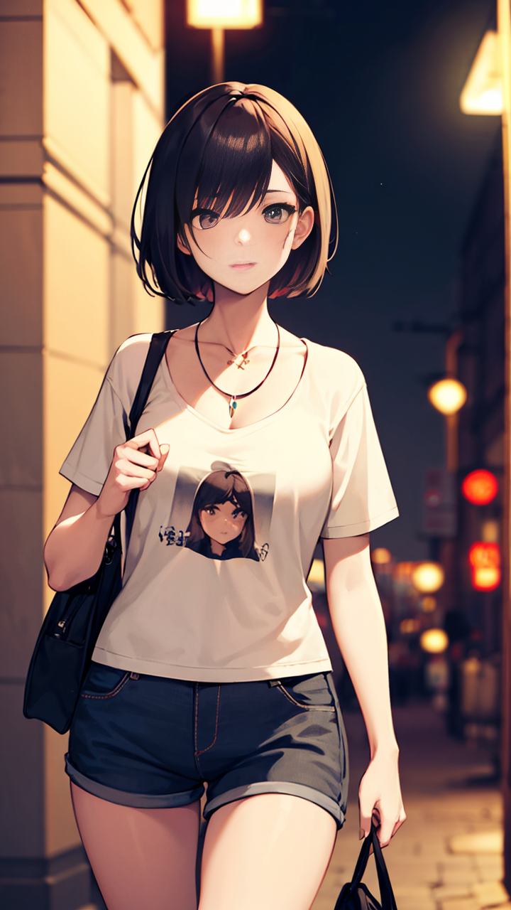 短发动漫女孩穿搭卡通T恤和休闲短裤超吸睛,美如画高清手机壁纸