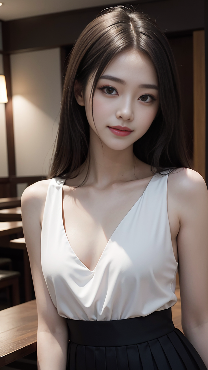 清纯养眼美女时尚穿搭：百褶短裙+无袖衬衫魅力爆表系列2高清手机壁纸