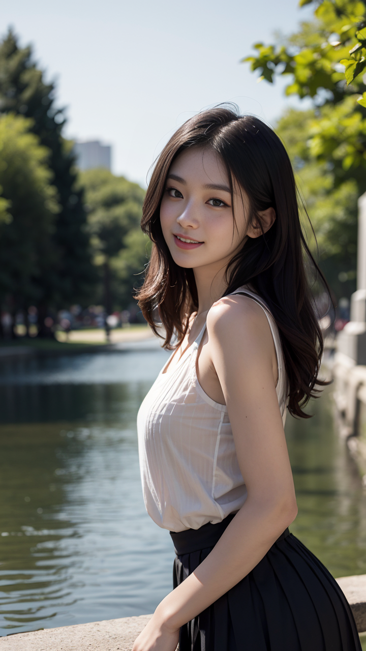 清纯年轻女孩时尚穿搭：百褶短裙+无袖衬衫超有型系列1高清手机壁纸