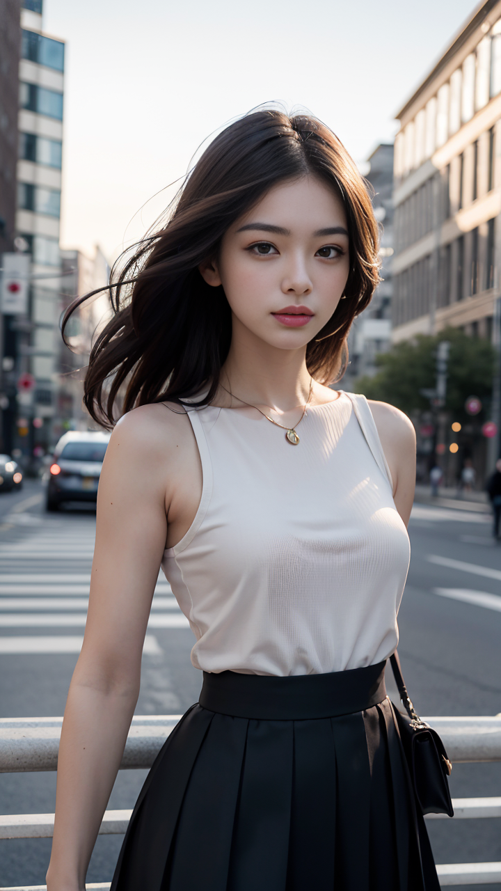 夏日时尚穿搭：清纯女神驾驭百褶短裙和无袖衬衫,迷人又养眼系列8高清手机壁纸