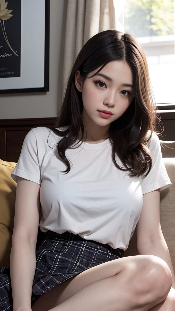 校园养眼美女穿搭推荐：身穿T恤+格子短裙随拍系列3高清写真壁纸