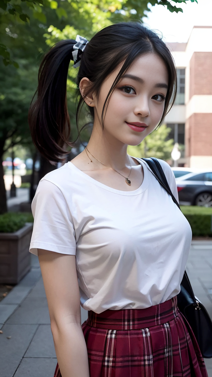 校园养眼美女穿搭推荐：身穿T恤+格子短裙随拍系列4高清写真壁纸