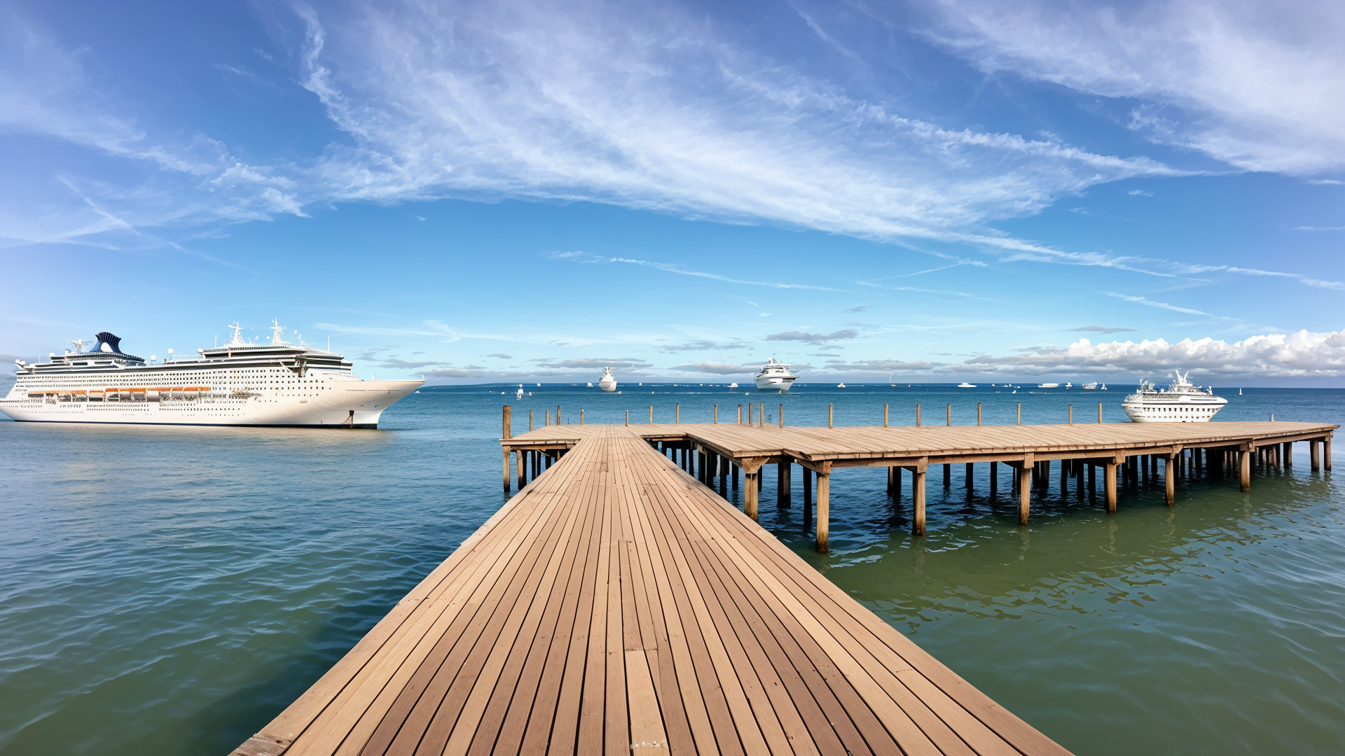 海边木板码头栈桥轮船风景图片赏析