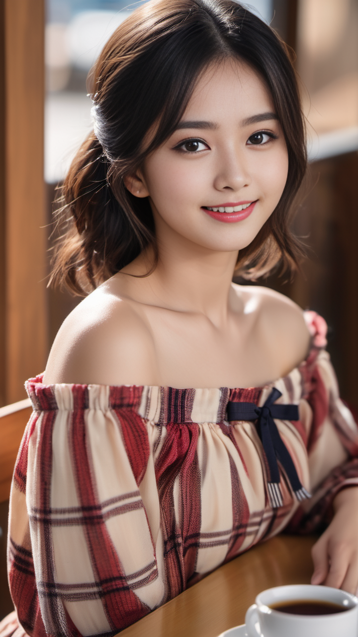 白嫩精致的露肩吊带格子连衣裙高清美女头像系列3赏析